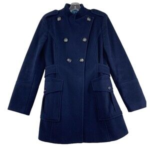 VTG Sisley Trench Coat Women's S Blue Wool Paisley Lining Classic Luxe Italian